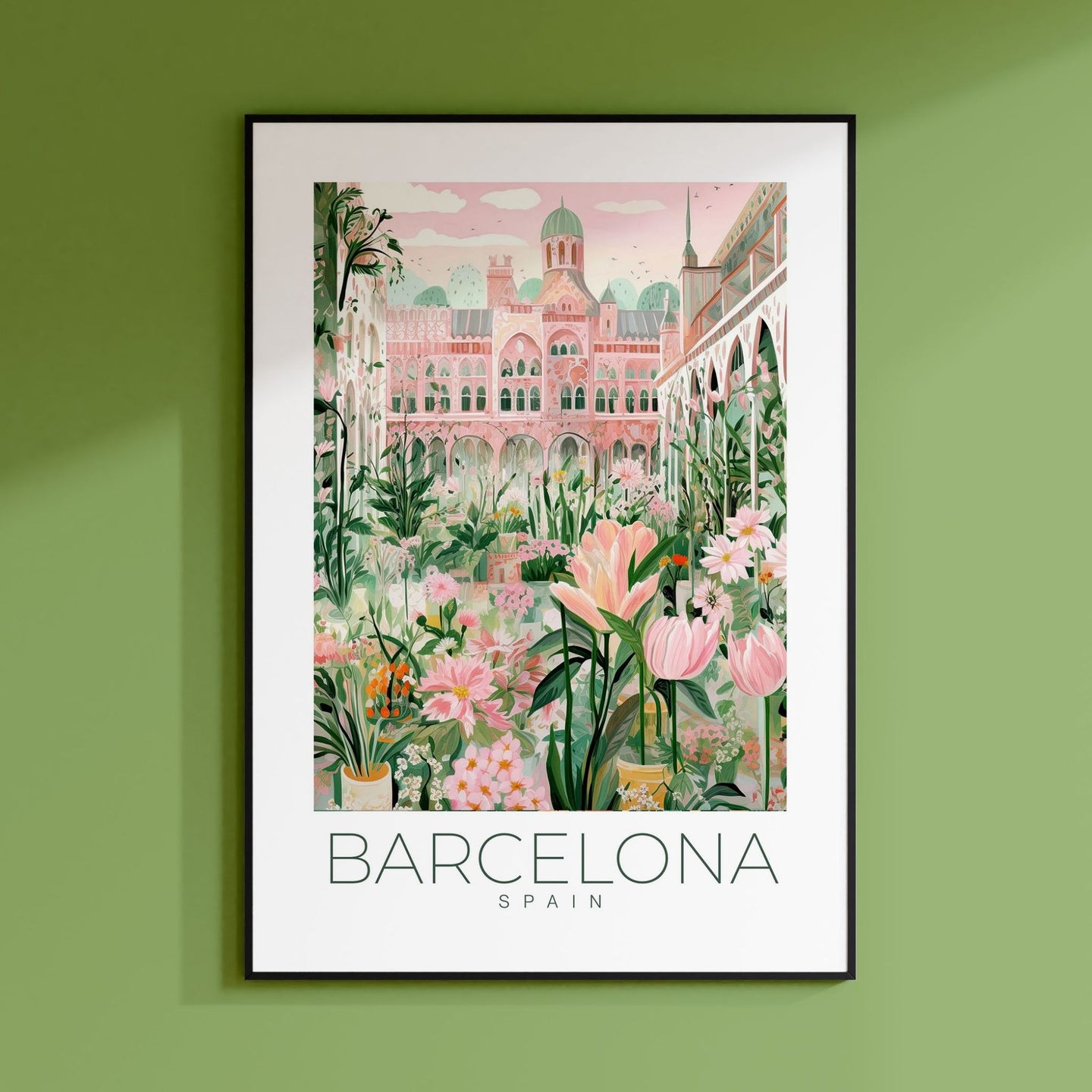 a green wall with a picture of a building and flowers