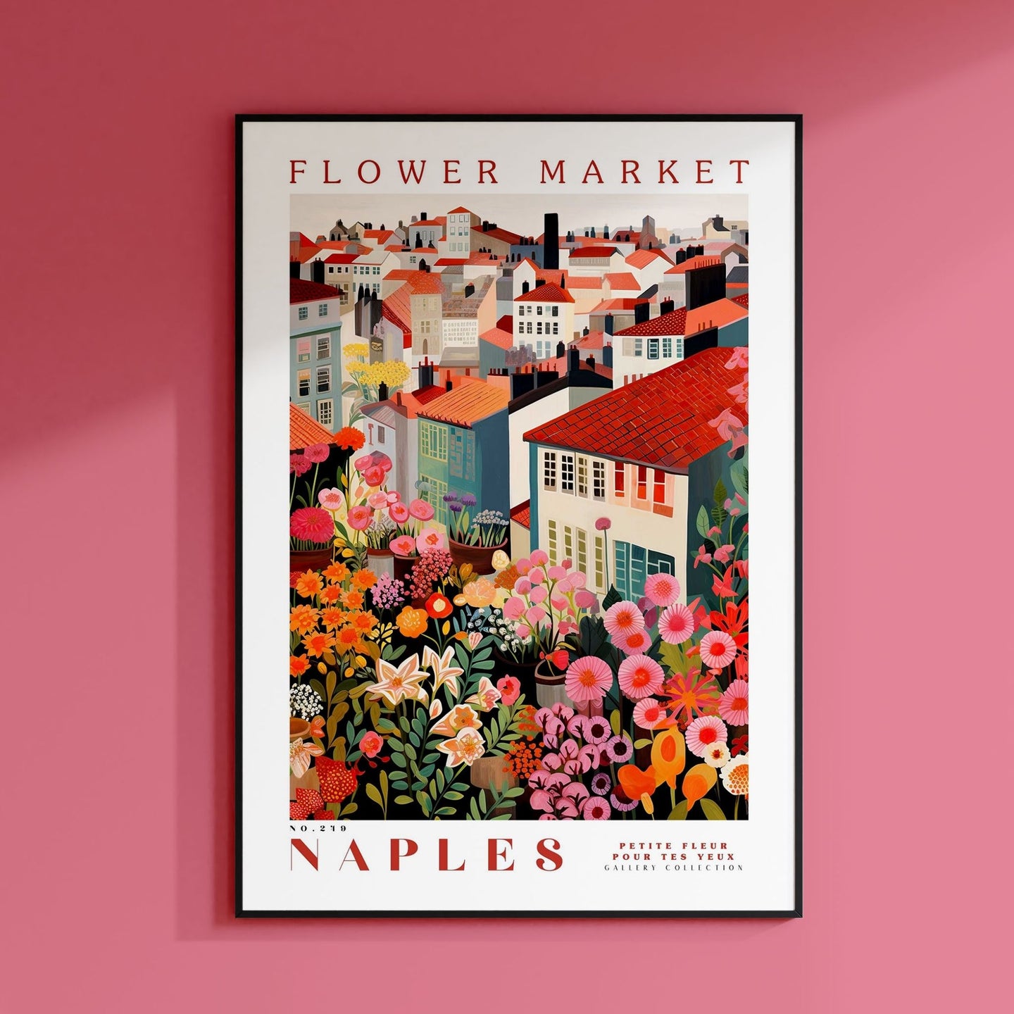 a pink wall with a picture of a flower market