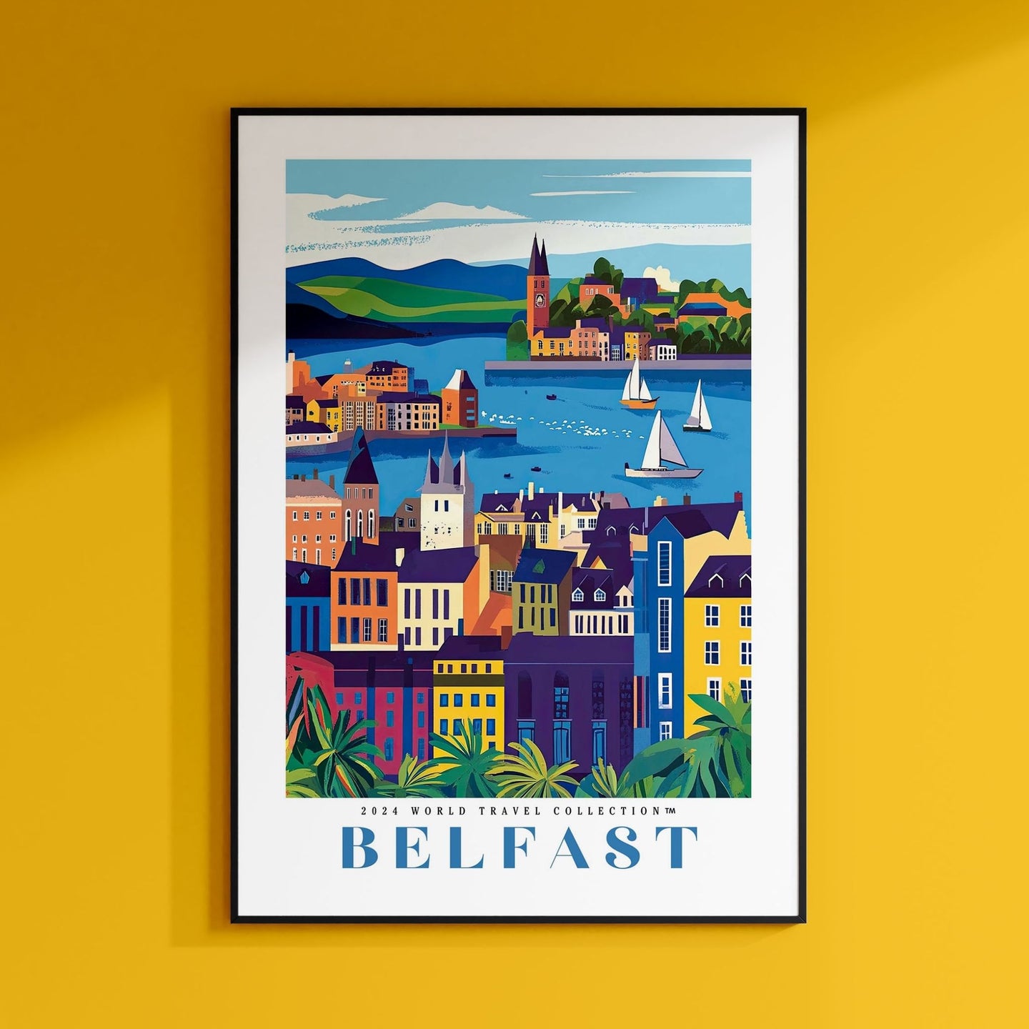 a picture of a poster of a town on a yellow wall