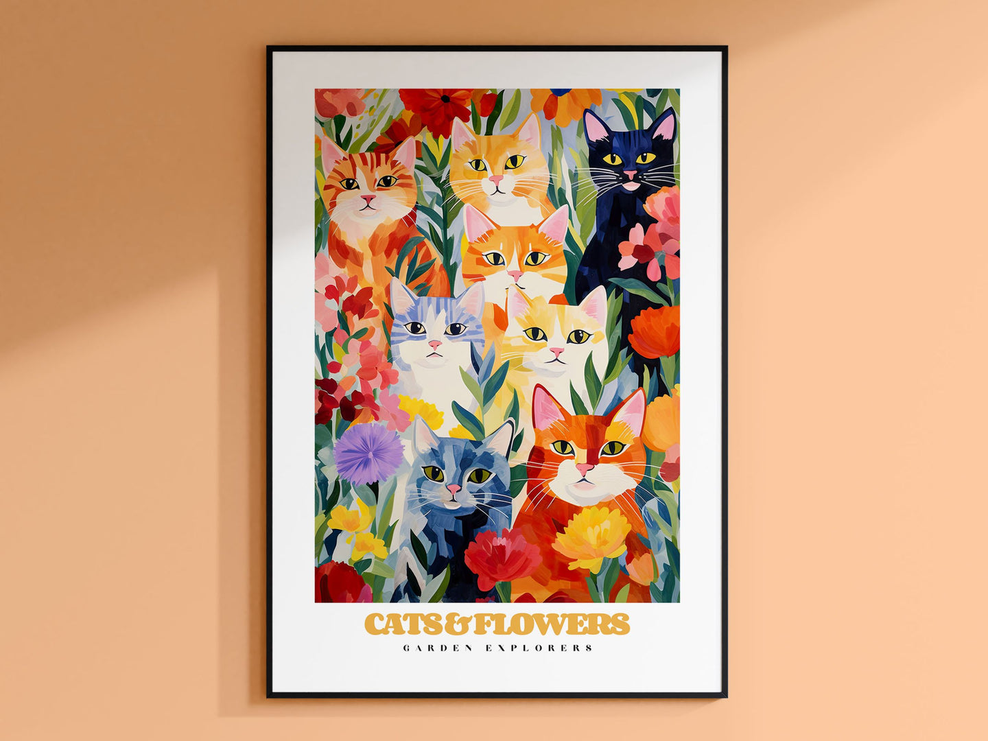 Yellow and Red Cats, Cute and Funny Kitten Poster, Purple Flowers, Wildlife Garden Cats, Cats Portrait, Cute Kitten all Art, Trendy Wall Art