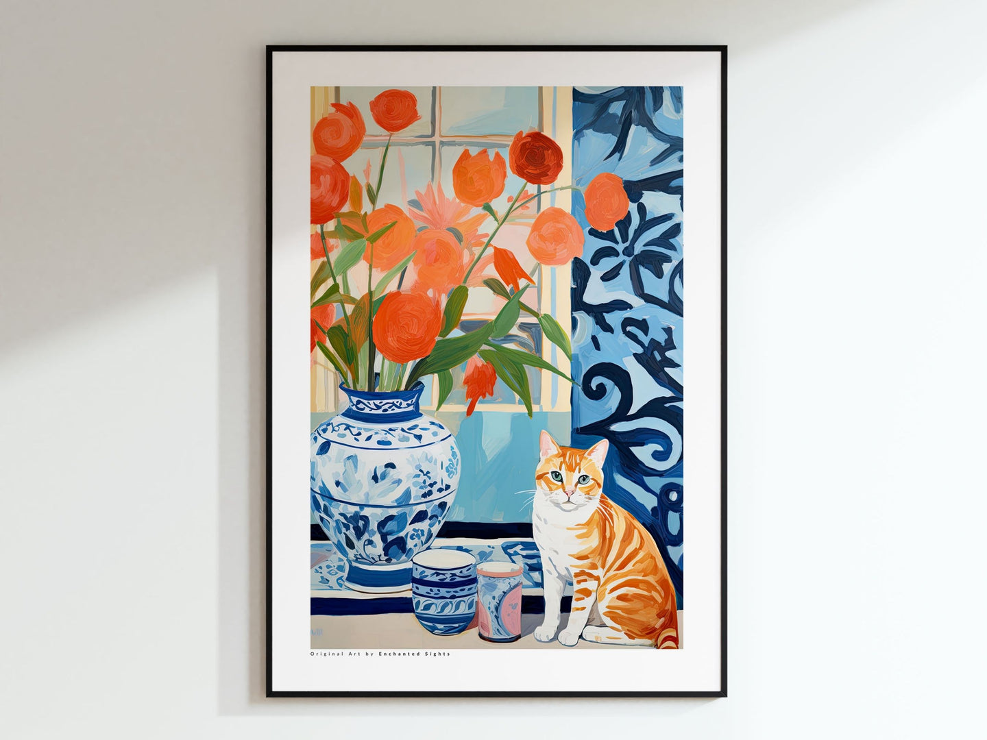 Brown and White Cat Poster, Trendy Cat Wall Art, Home Decor Print, Blue Wall Art, Cat Lover Gift, Watercolor Cat Illustration, Cat Print