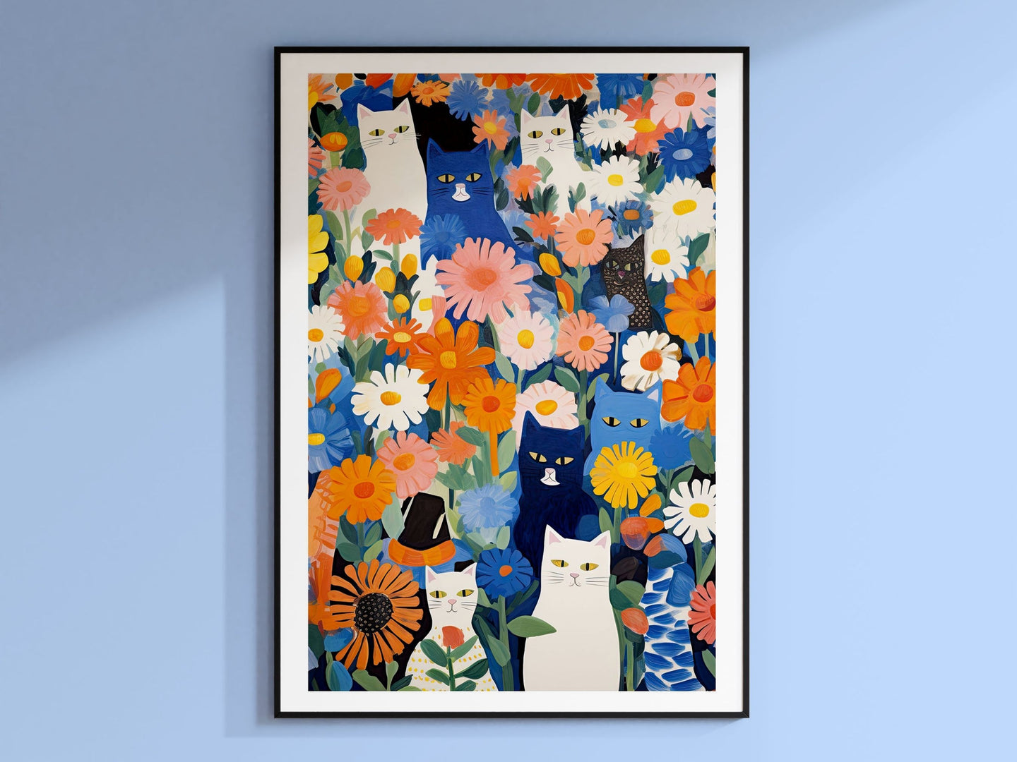 Cat in Garden, Flowers and Cats, Blue Wall Art, Flower Art Print, Cat Art Print, Cat Illustration, Floral Wall Decor, Gifts for Cat Lovers