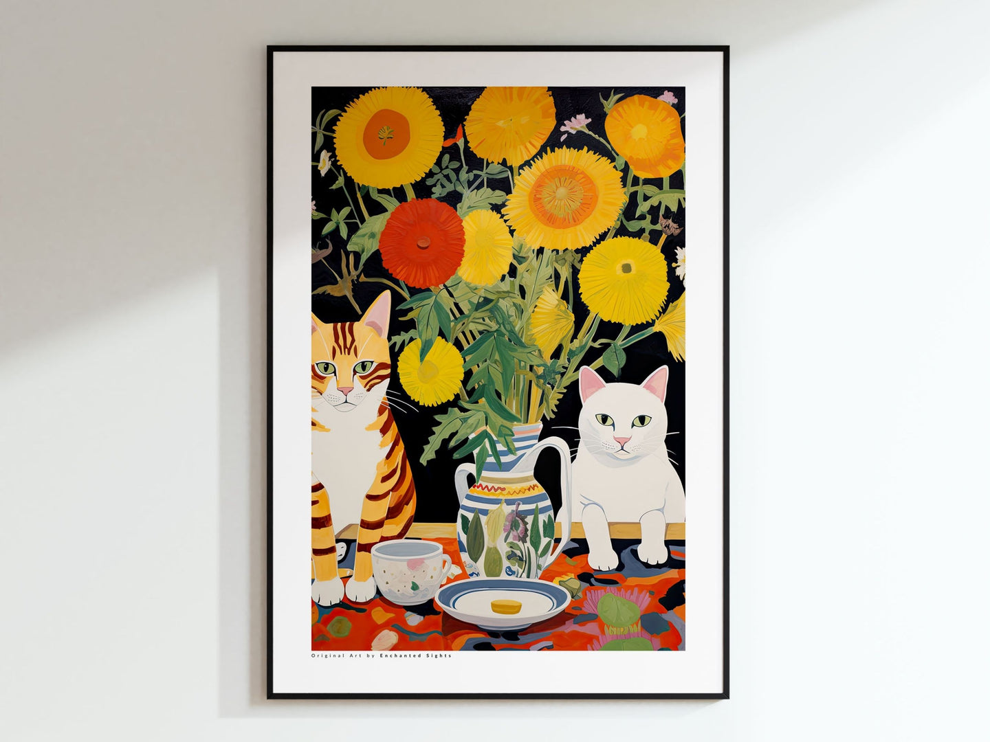 Black and Brown Cat Poster, Yellow Sunflower, Flowers and Cats, Flower Art Print, Cat Art Print, Cat Illustration, Gifts for Cat Lovers