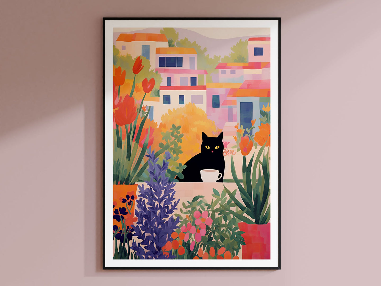 Coffee Cat Poster, Flowers and Cats, Flower Art Print, Cat Art Print, Cat Illustration, Spain Cat Art, Gifts for Cat Lovers, Black and White