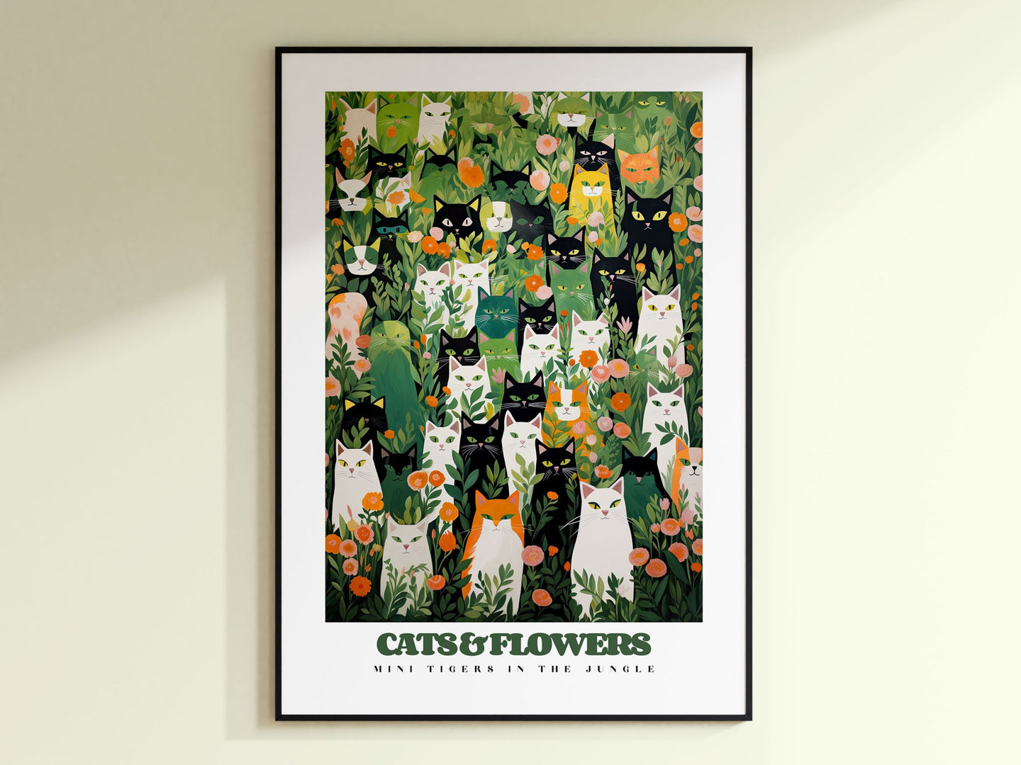 Jungle Cats Poster, Black and White Cats, Garden cats, Green and Orange Wall Art, Trendy Wall Art, Gift for cat mama, Christmas Gift