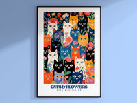 Blue and Red Cats Print, Black and White Cats, Flower Cats, Cute Cat At, Funny Cat Poster, Retro Cat Print, Cat Lover Gift, Cat Illustration