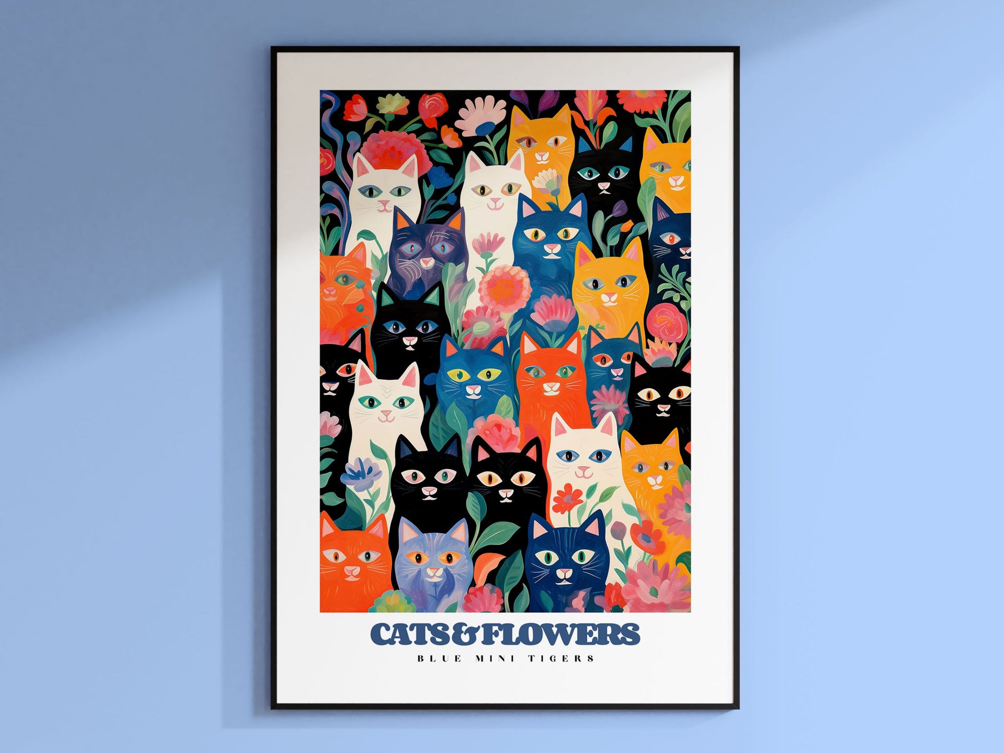 Blue and Red Cats Print, Black and White Cats, Flower Cats, Cute Cat At, Funny Cat Poster, Retro Cat Print, Cat Lover Gift, Cat Illustration