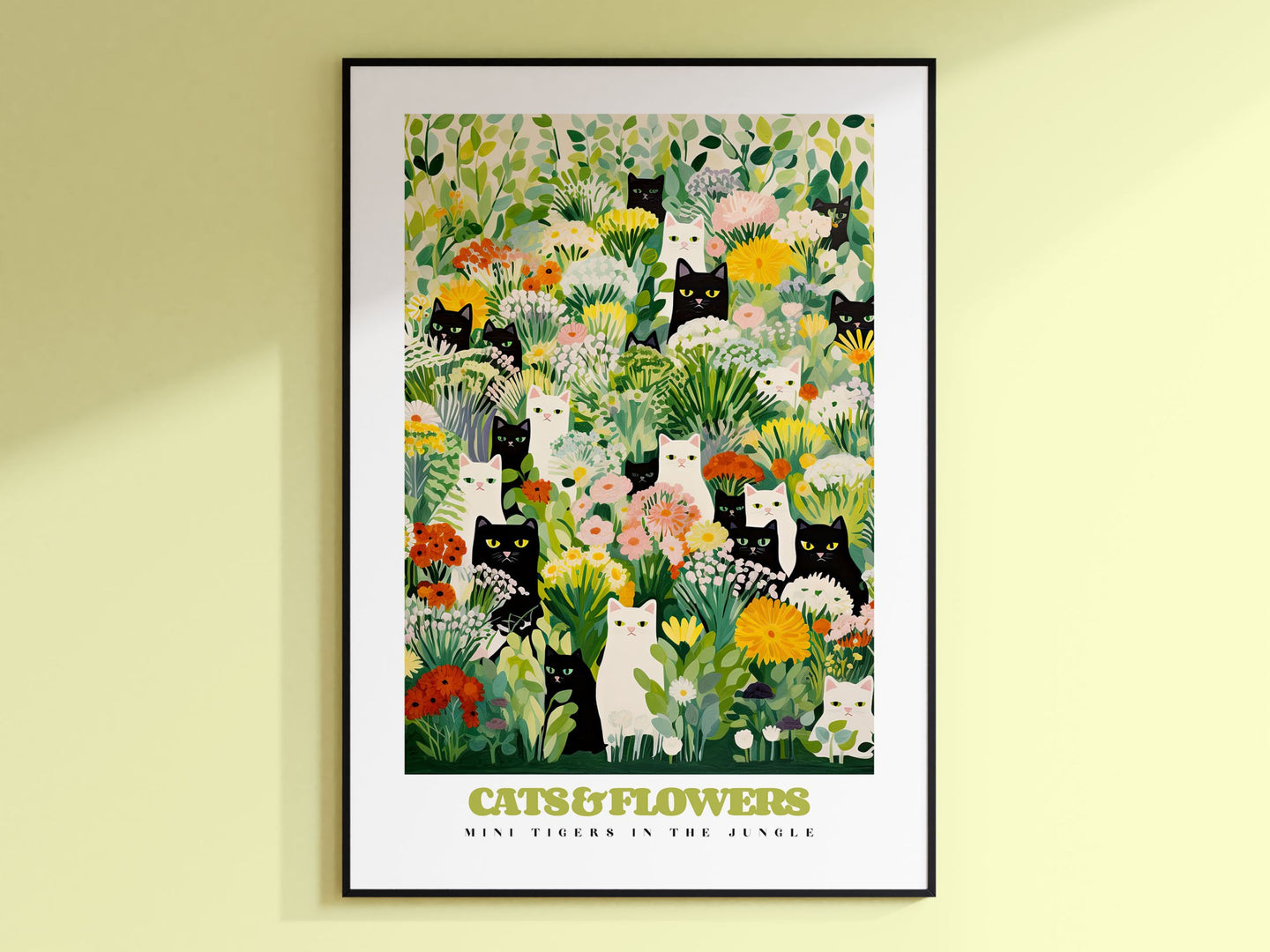 Black And White Cats, Summer Flower Print, Red Roses, Yellow Peony, Cats in Garden, Funny Cat Poster, Eclectic Wall Art, Cat Illustration