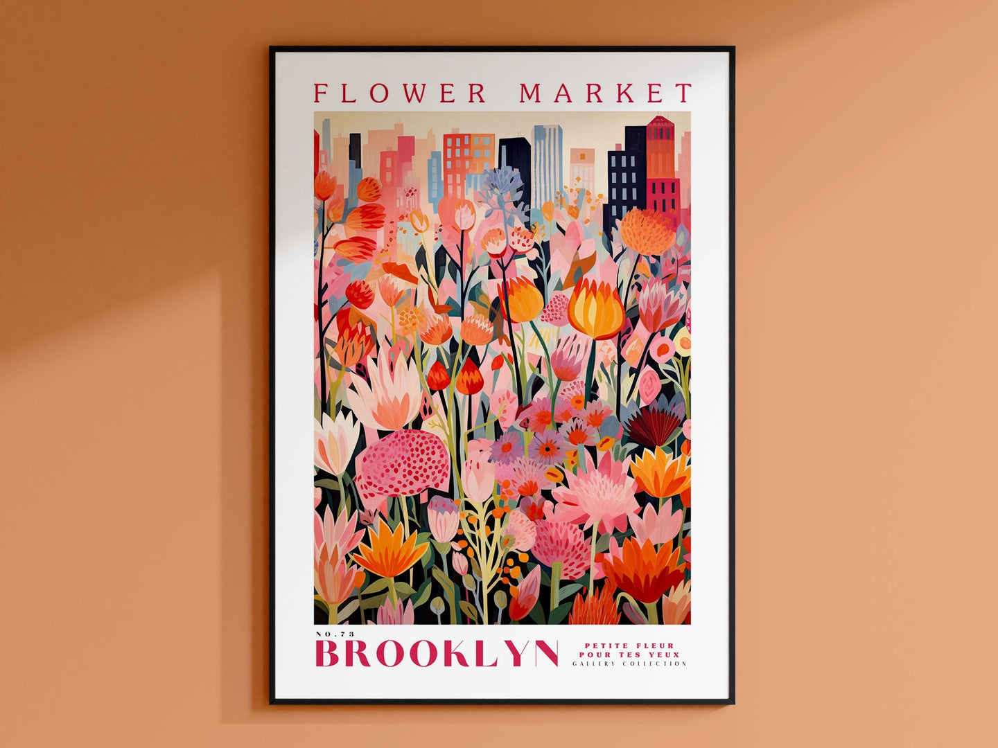 Flower Market Poster, Brooklyn Poster, New York Poster, Travel Wall Art, Botanical Wall Art, Pink and Orange Wall Art, Floral Illustration