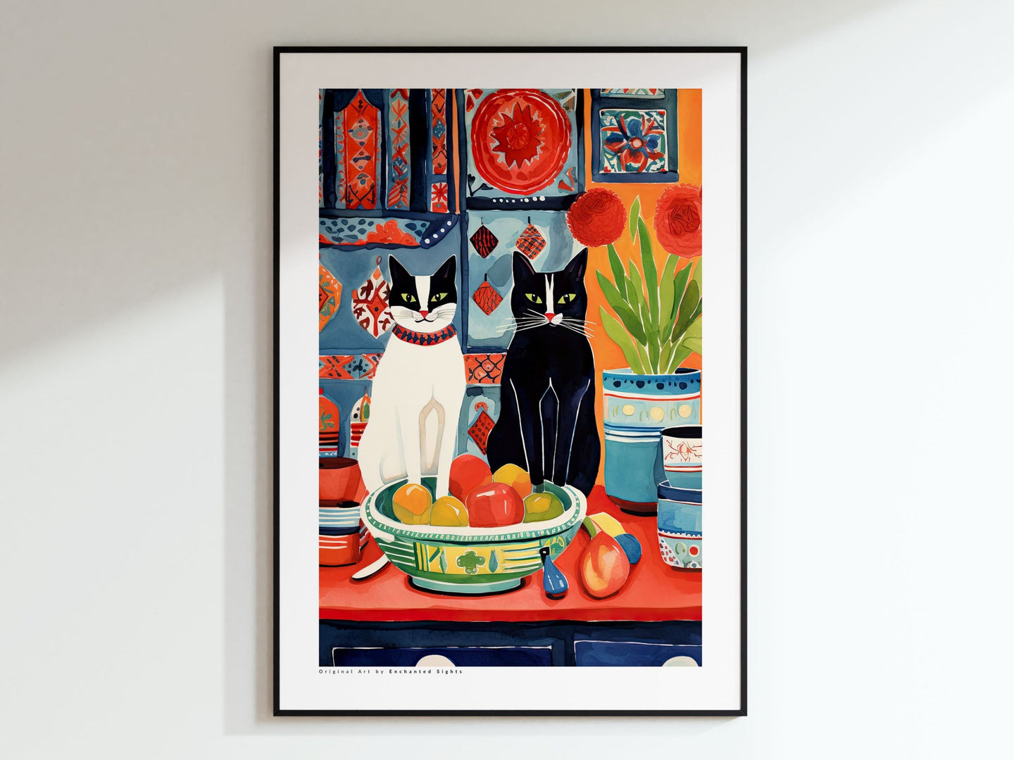 Black and White Cat Poster, Trendy Cat Wall Art, Home Decor Print, Red and Blue Art, Cat Lover Gift, Watercolor Cat Illustration