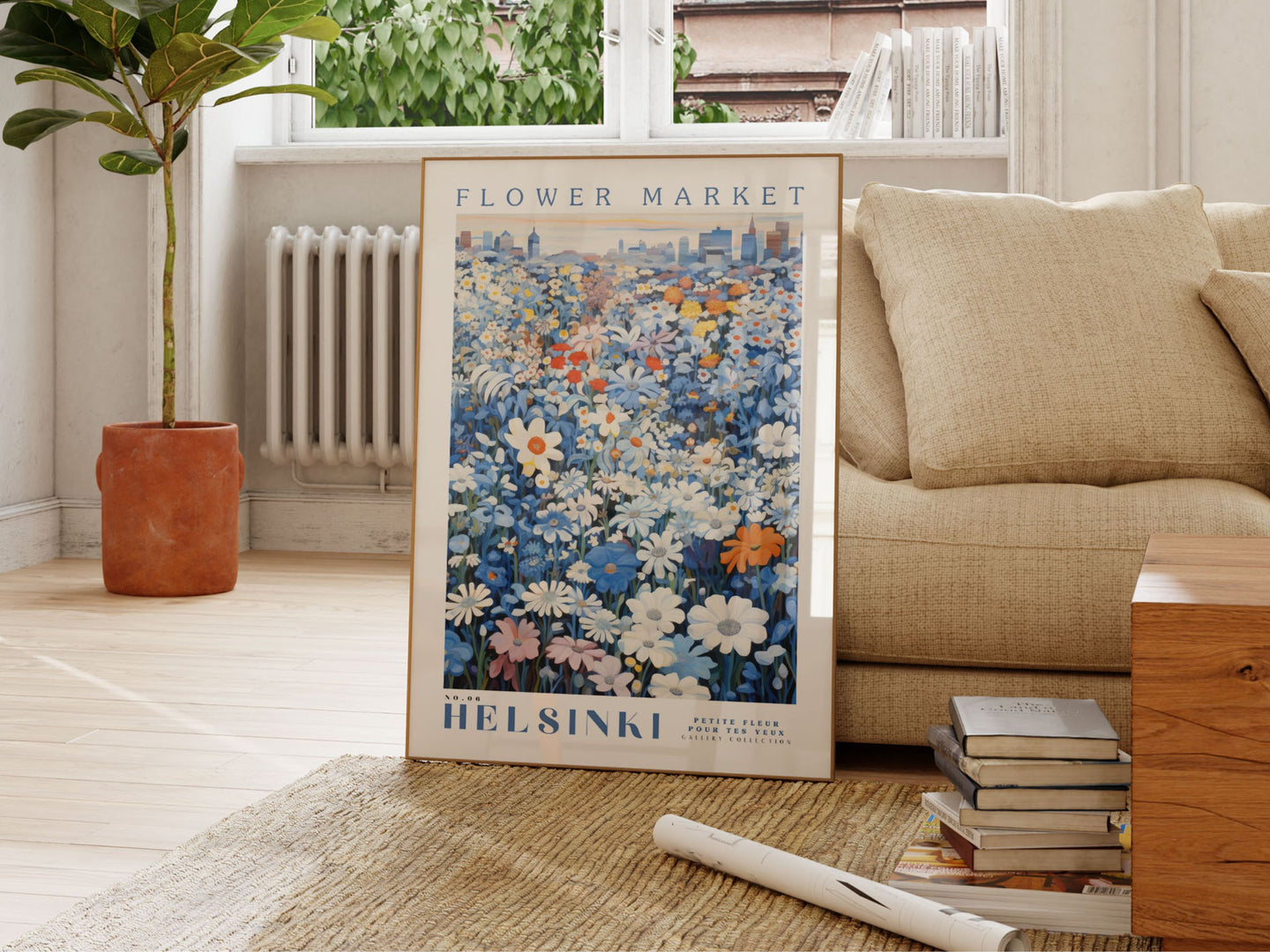 Helsinki Flower Market Poster, Helsinki Wall Art, Blue Marguerite Daisy Art, Blue Flowers Wall Decor, City Skyline, Finland Travel Art