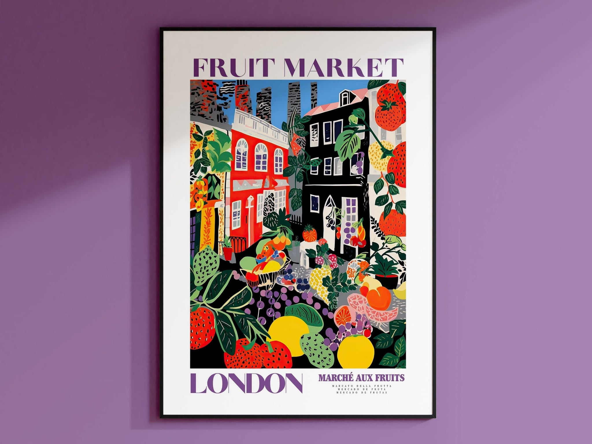 Fruit Market London, London Travel Art, Purple Wall Decor, Fruit Market Print, Fruit Market Poster, London City Art, Colorful Wall Art