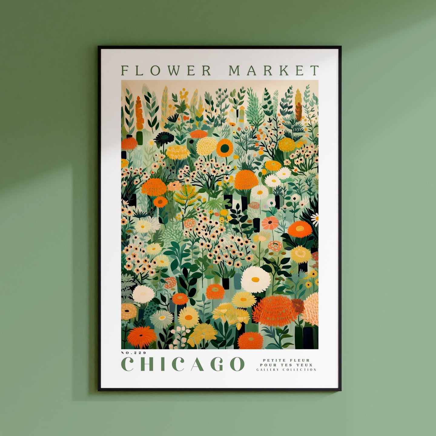 a green wall with a picture of flowers on it