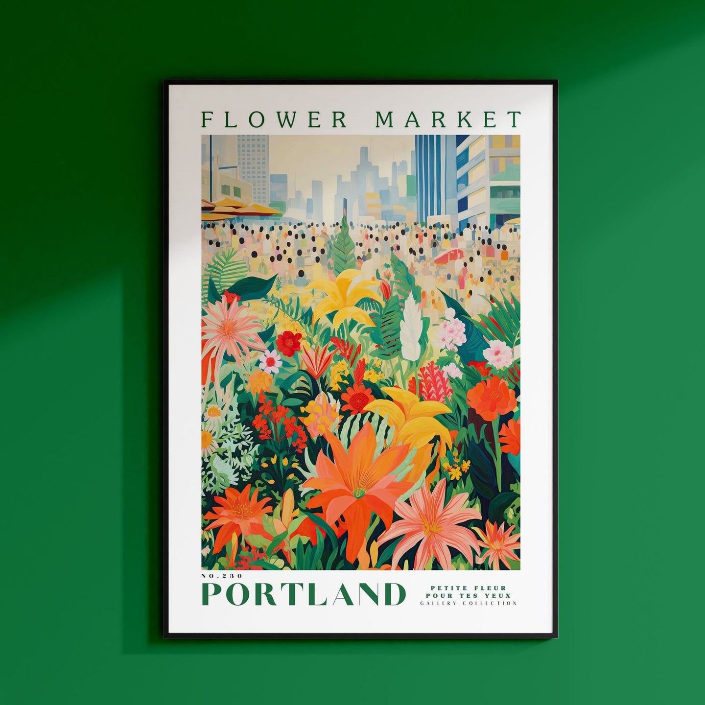 a green wall with a poster of a flower market