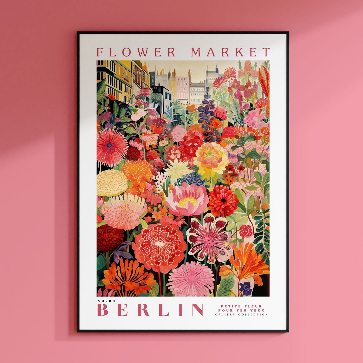 a flower market poster hangs on a pink wall