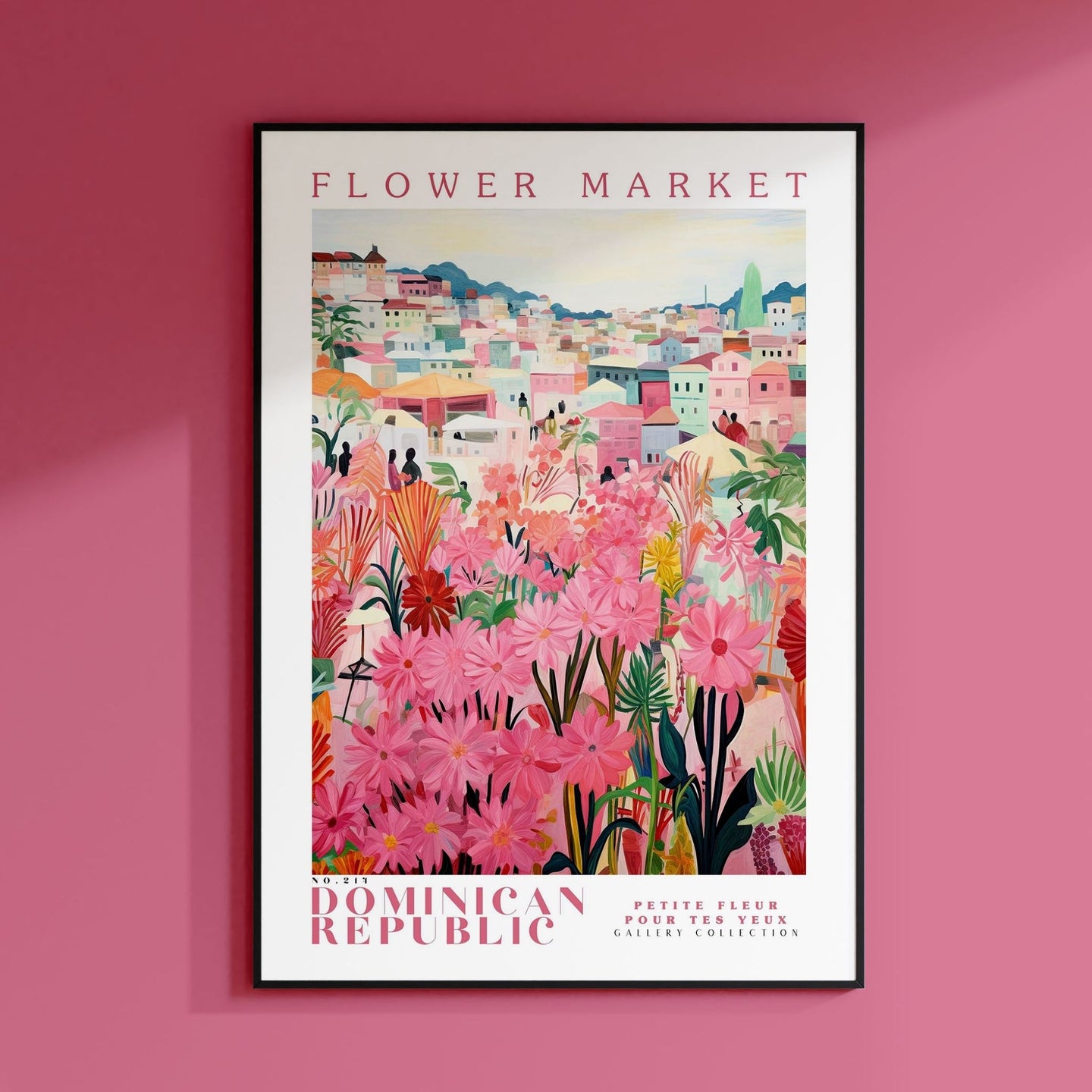 a pink flower market poster hangs on a pink wall