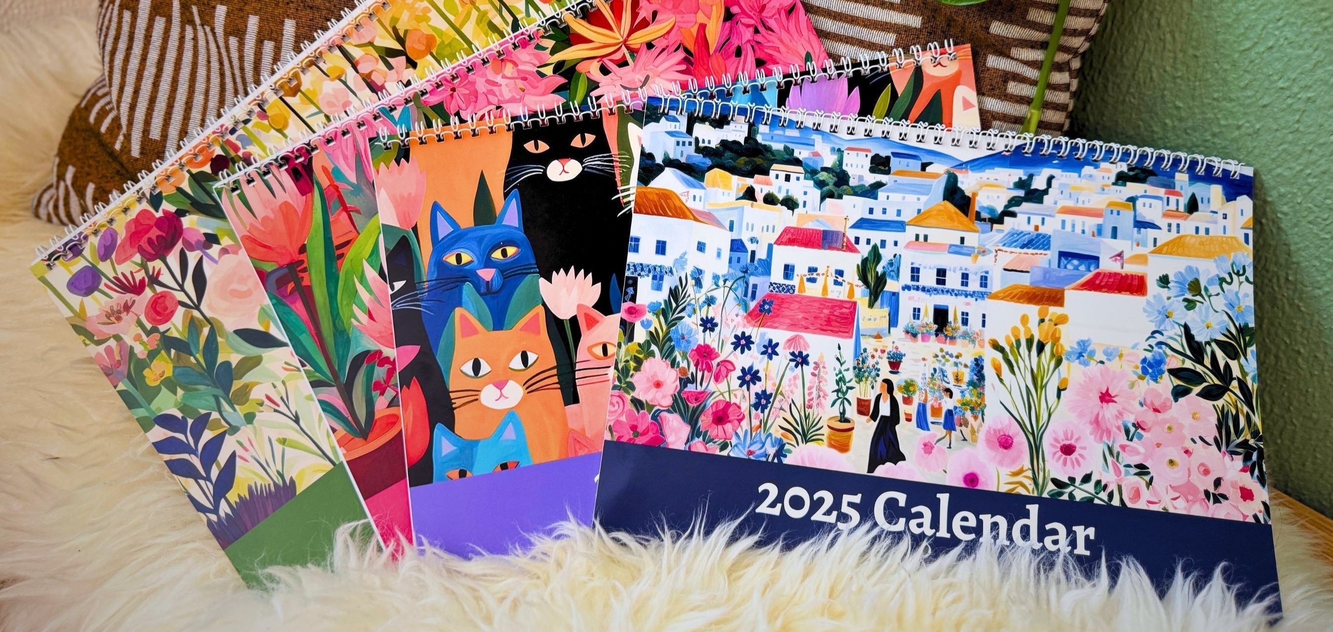 Four 2025 calendars displayed on a soft, fluffy surface, featuring vibrant designs: a cat calendar with colorful cat art, a flower calendar with floral illustrations, and a Mediterranean village scene, perfect for 2025 decor.