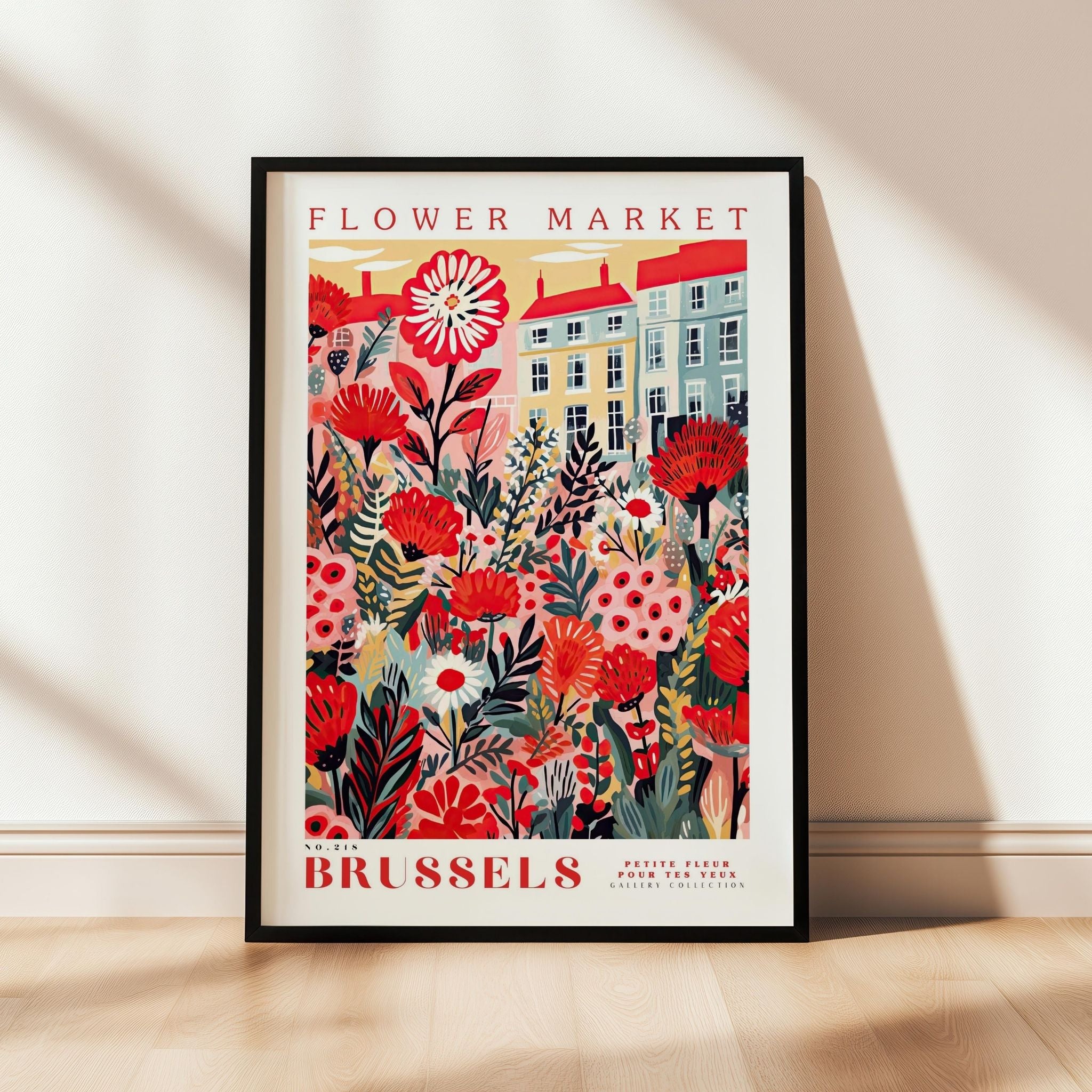 a flower market poster hanging on a wall