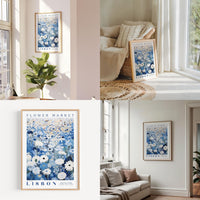 a living room filled with furniture and a flower market poster