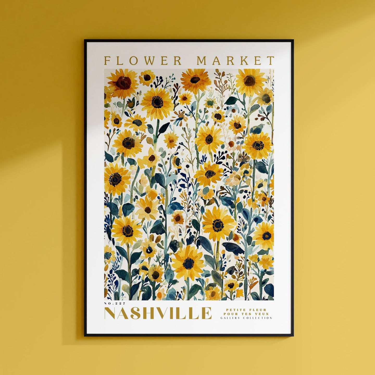 a yellow wall with a picture of sunflowers on it