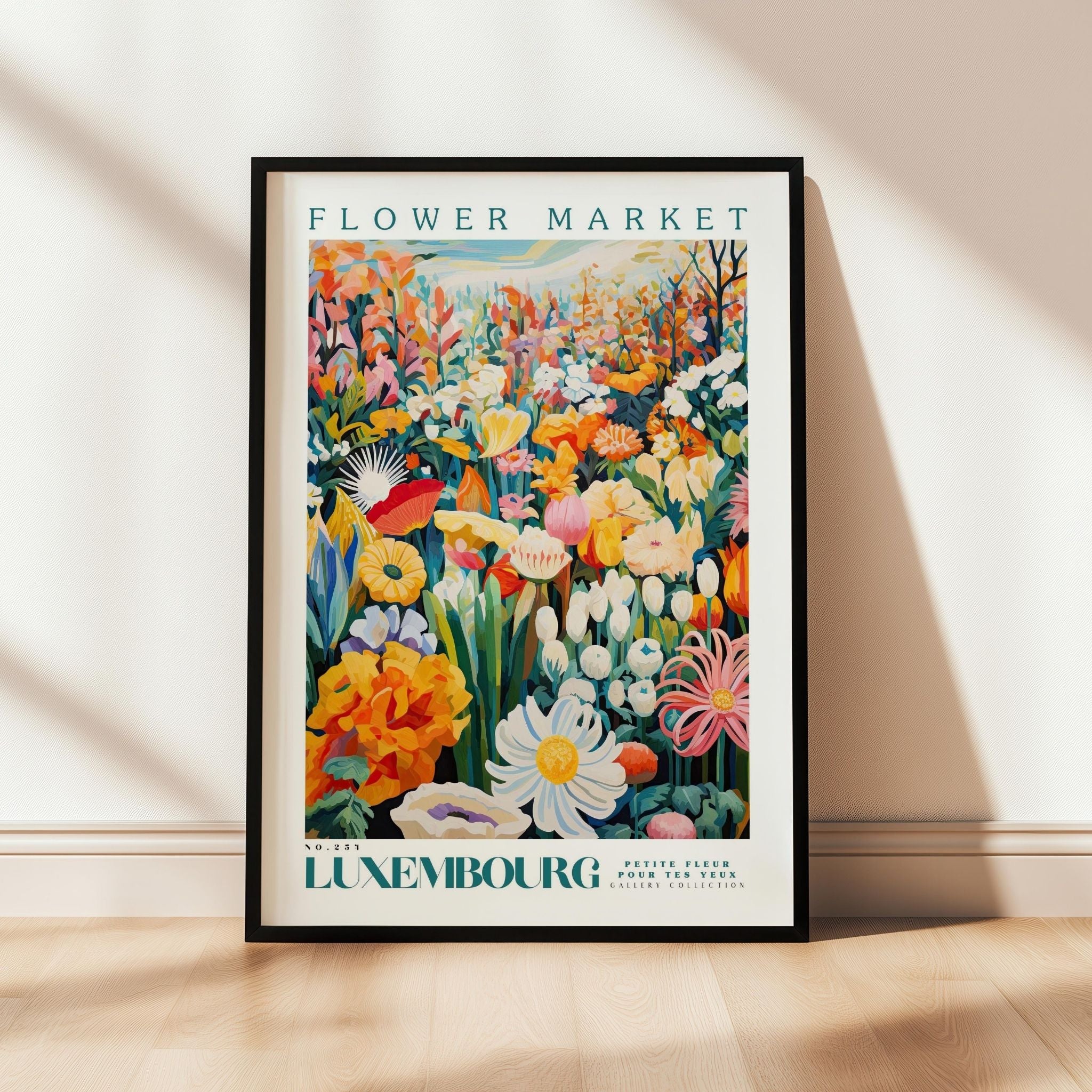 a flower market poster hanging on a wall