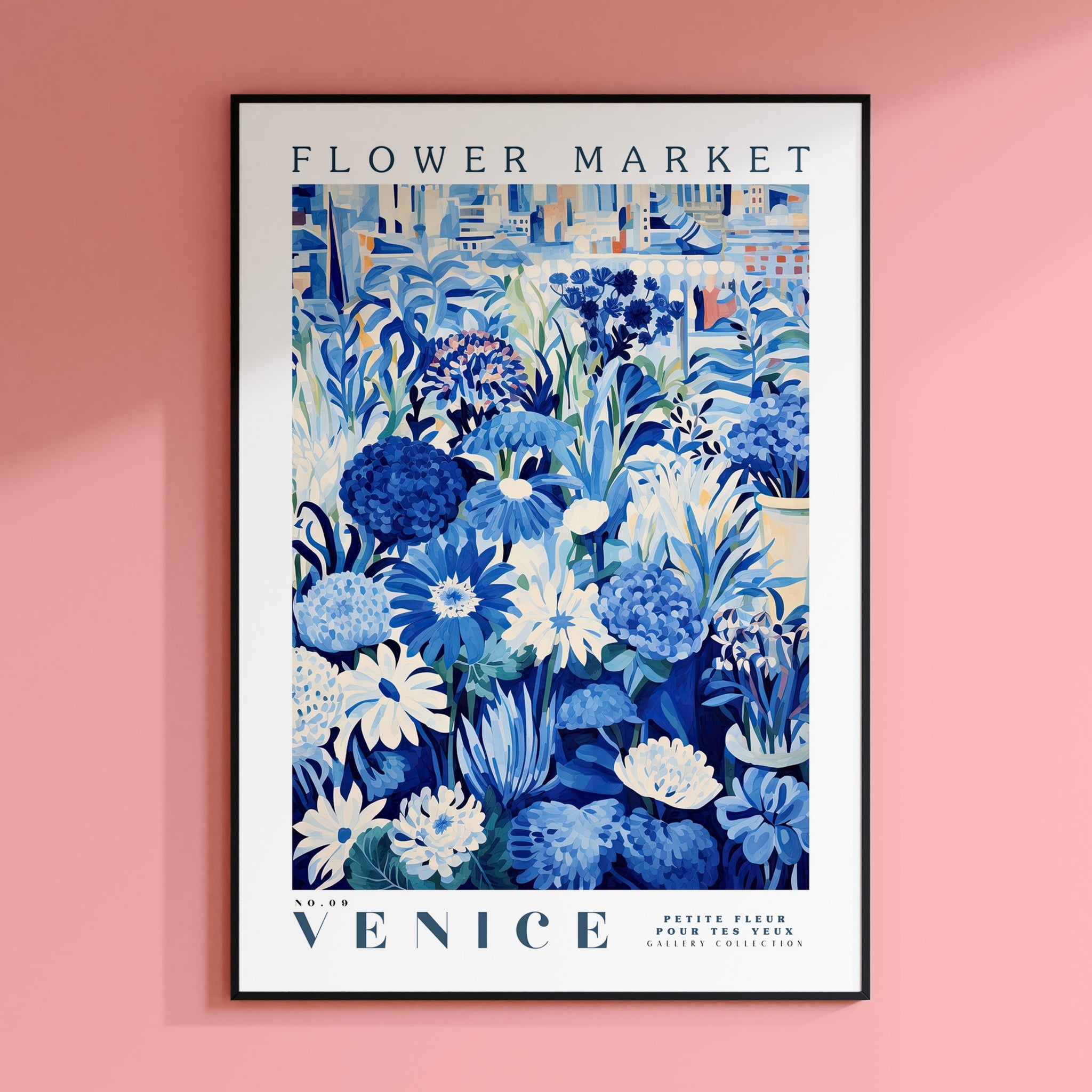a pink wall with a blue and white flower market poster on it