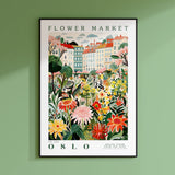 a picture of a flower market on a green wall