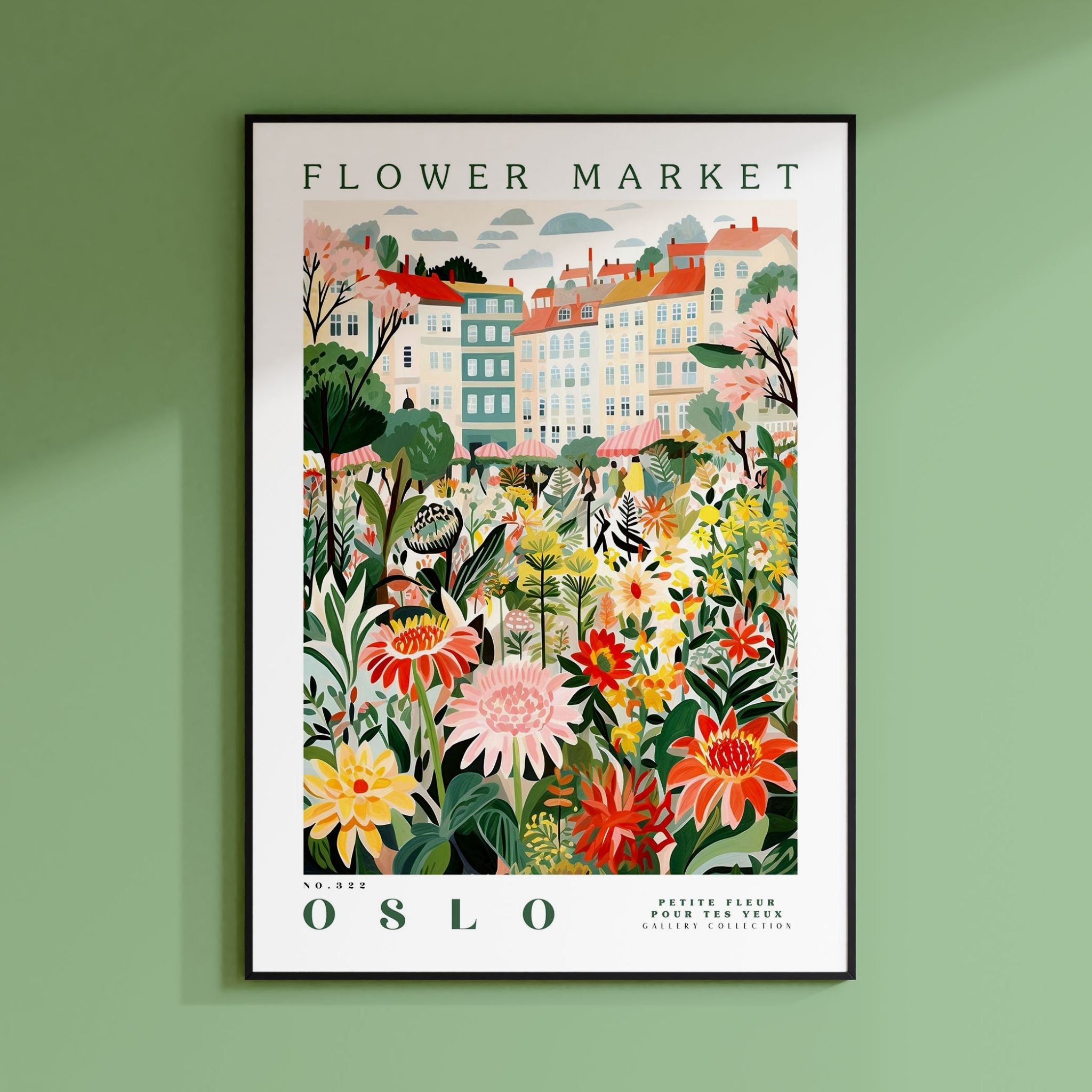 a picture of a flower market on a green wall