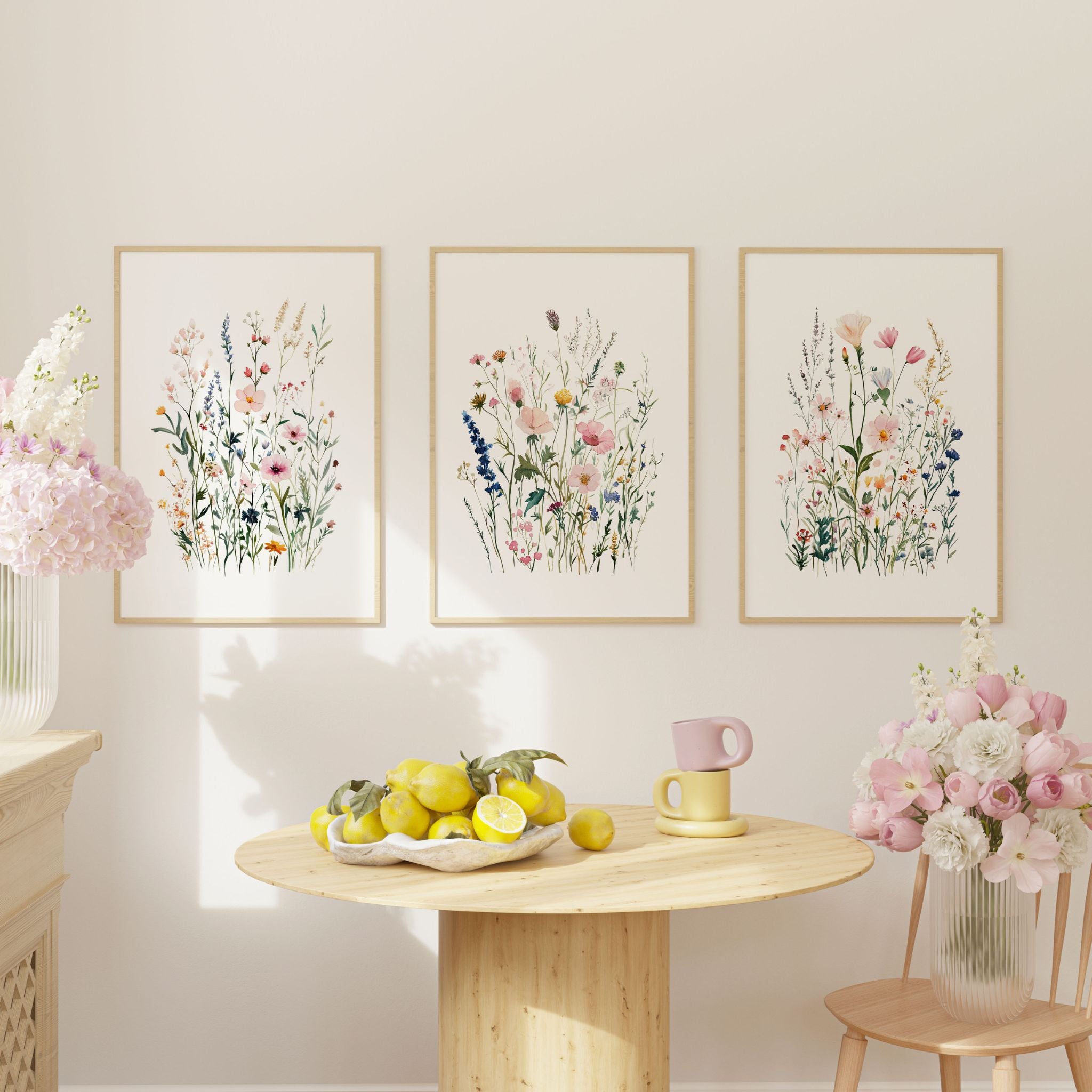 Sæt med 3 prints, Blomstermarkedsplakat, Vægkunstbundt, Botanisk Vægkunst, Botanisk Plakat, Pink Flower Plakat, Galleri Vægsæt