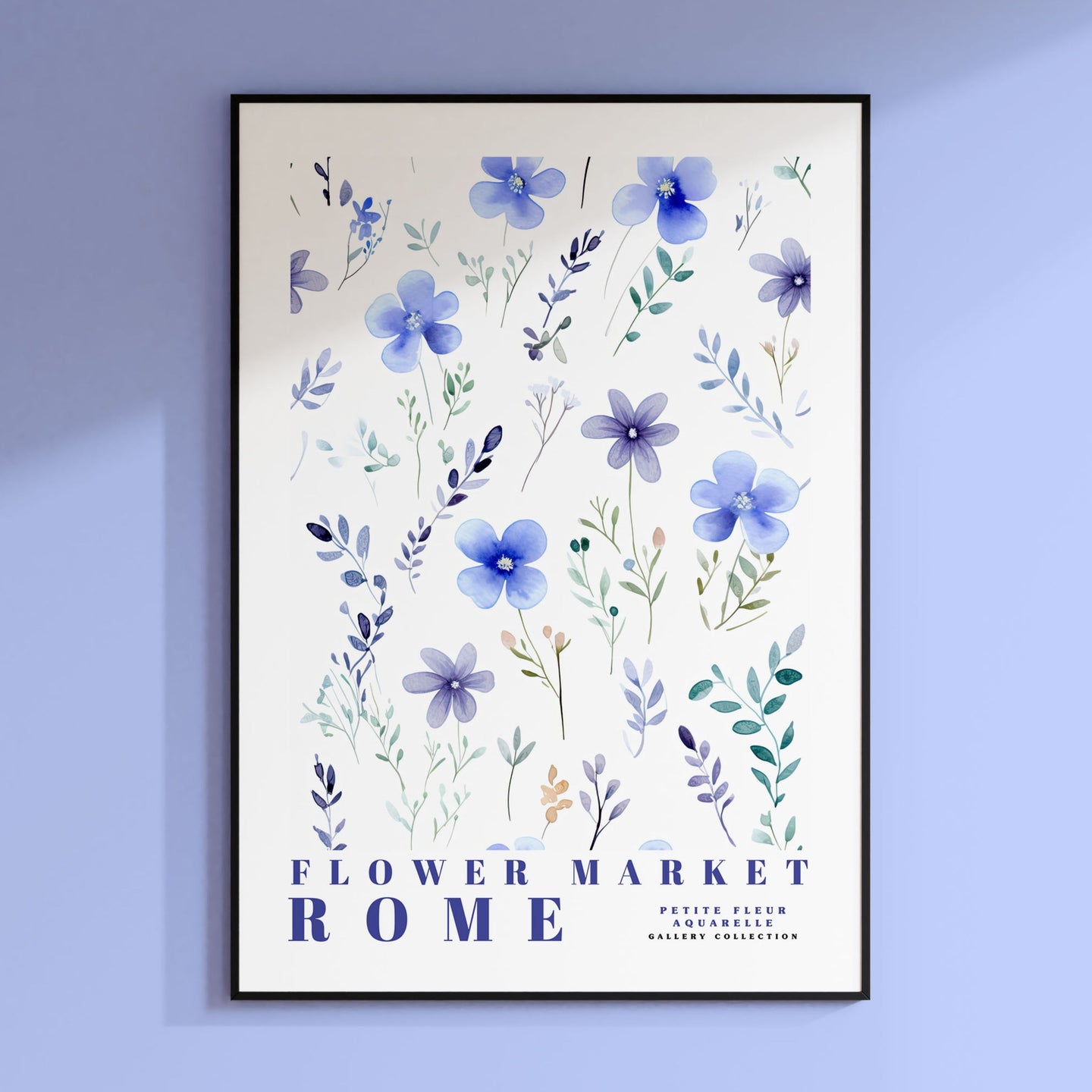 a blue flower market poster hanging on a wall