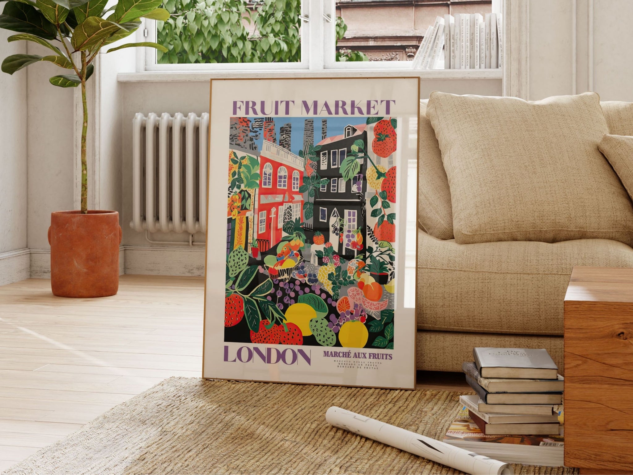 Fruit Market London, London Travel Art, Purple Wall Decor, Fruit Market Print, Fruit Market Poster, London City Art, Colorful Wall Art