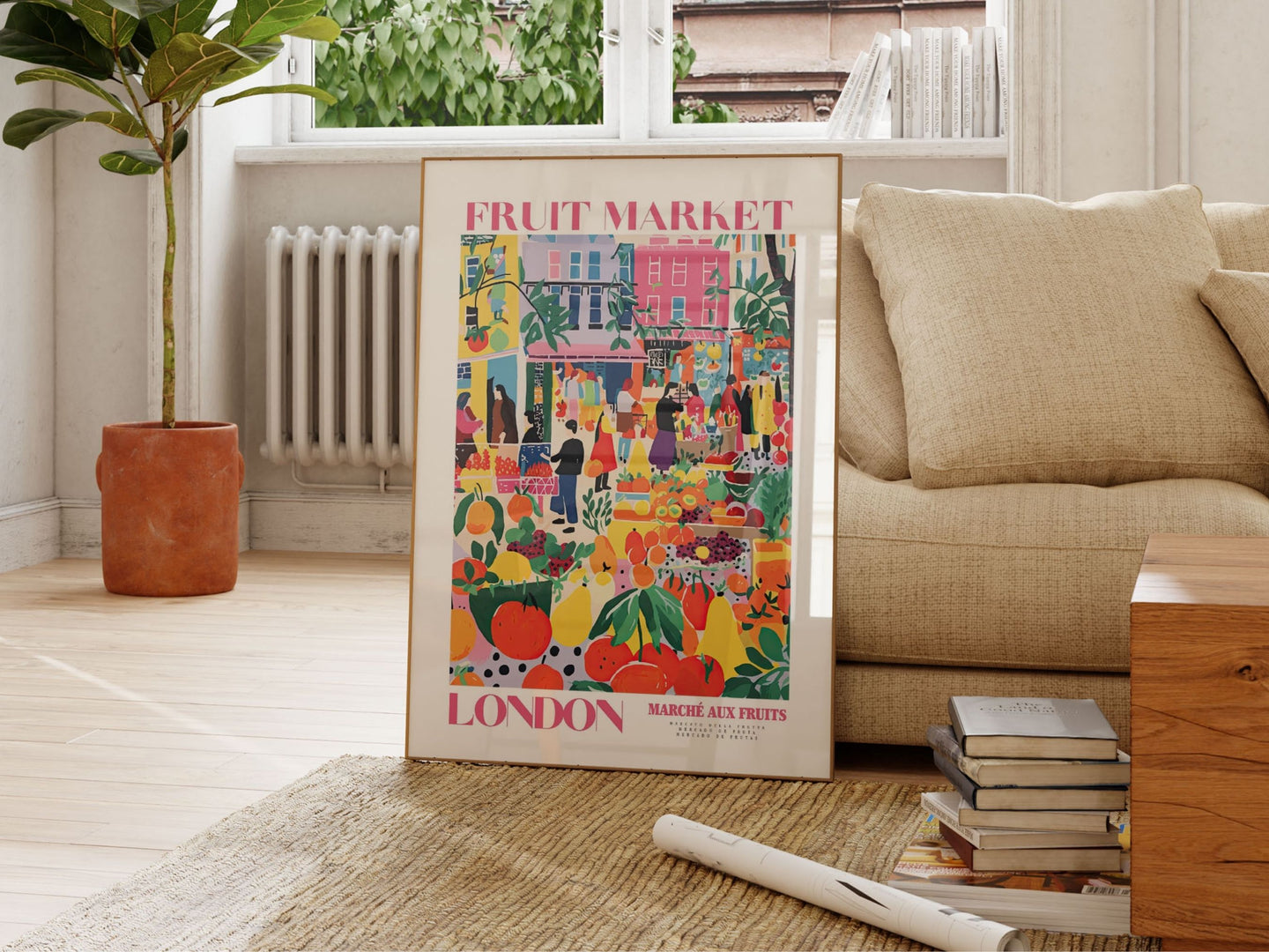 Fruit Market London, London Poster, London Prints, Fruit Market Poster, Fruit Market Print, Abstract Fruit Art, Yellow and Pink, London City