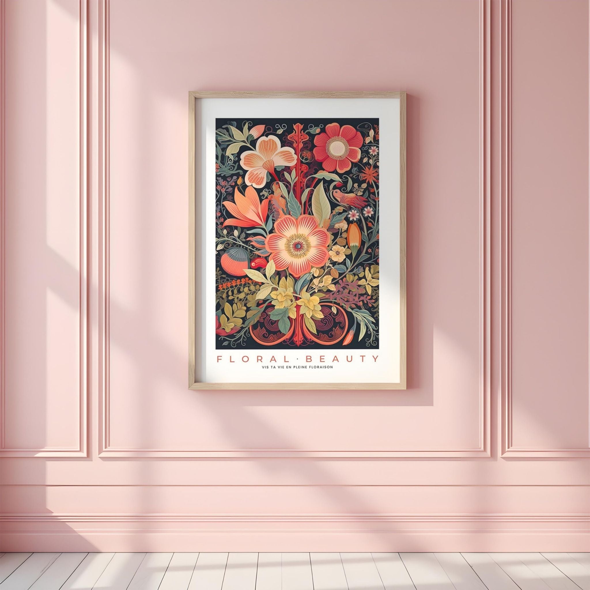 a pink room with a pink wall and a framed floral print