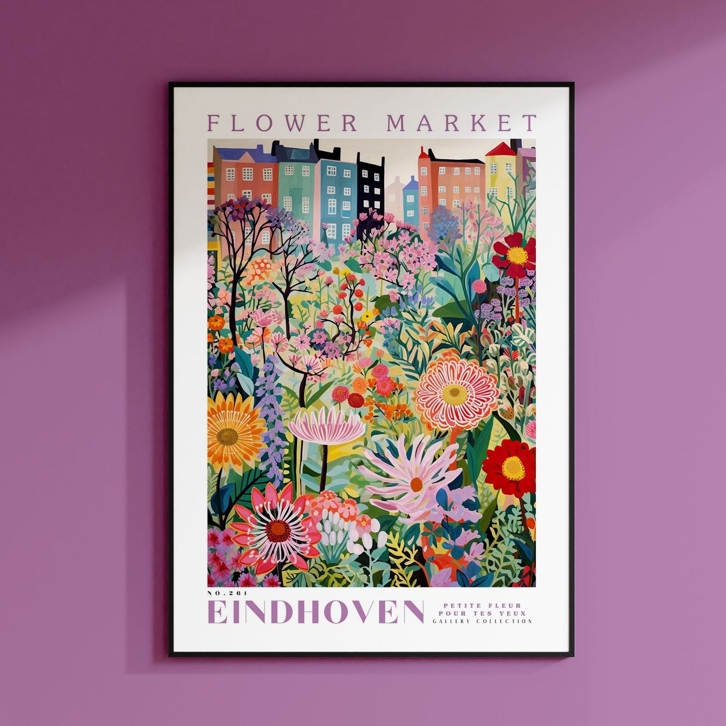 a picture of a flower market on a purple wall