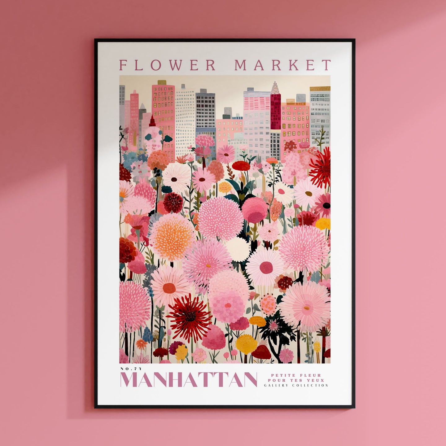 a pink flower market poster hanging on a pink wall