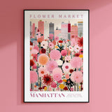 a pink flower market poster hanging on a pink wall