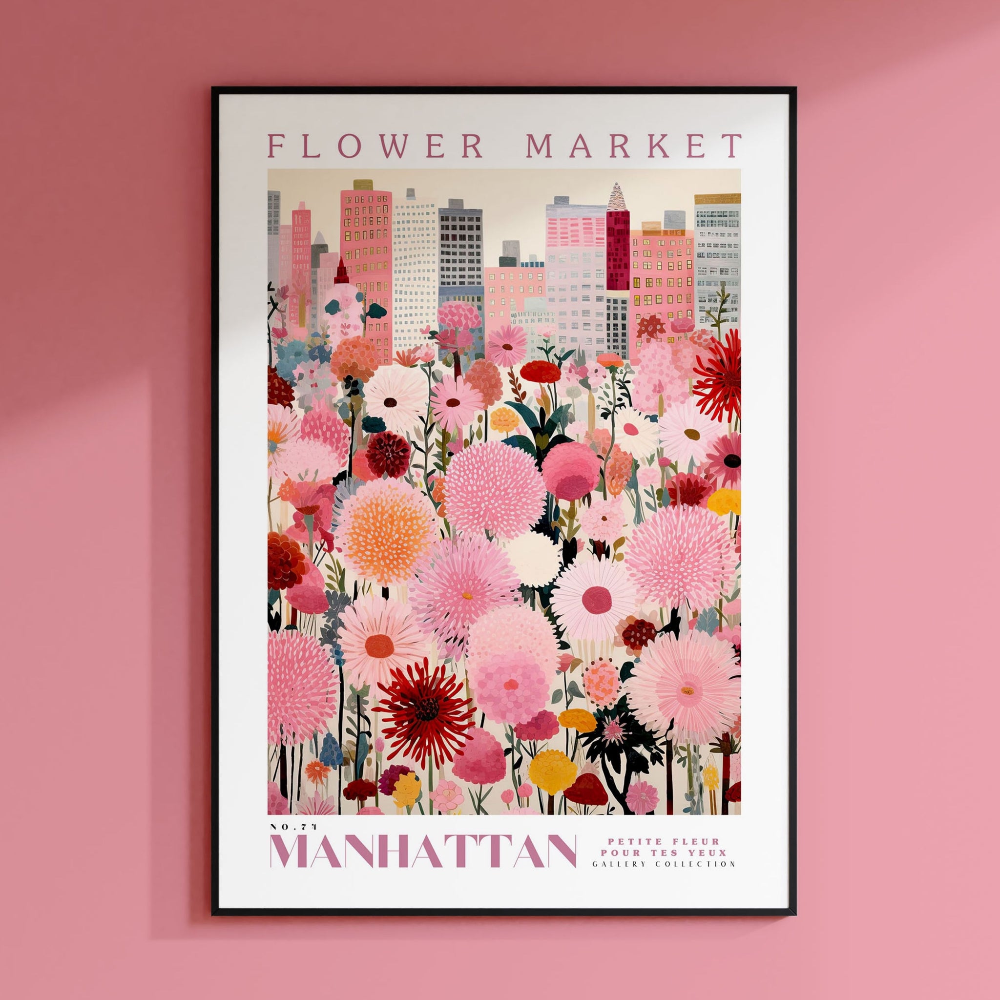 a pink flower market poster hanging on a pink wall