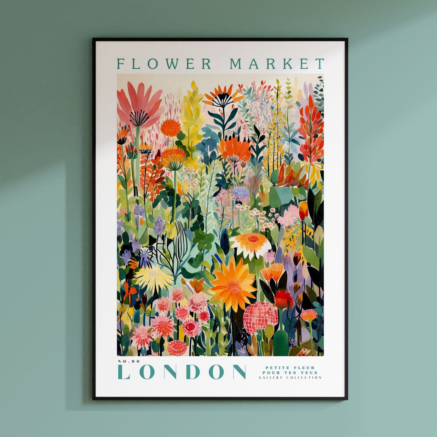 a flower market poster hanging on a wall