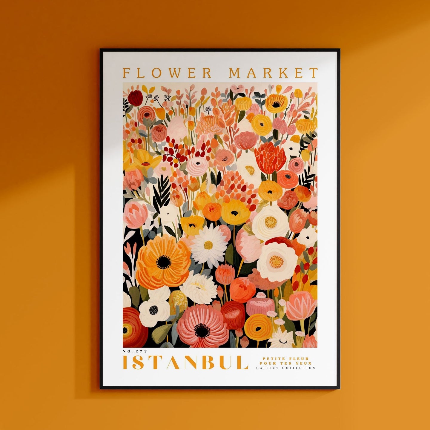 a flower market poster hanging on a wall