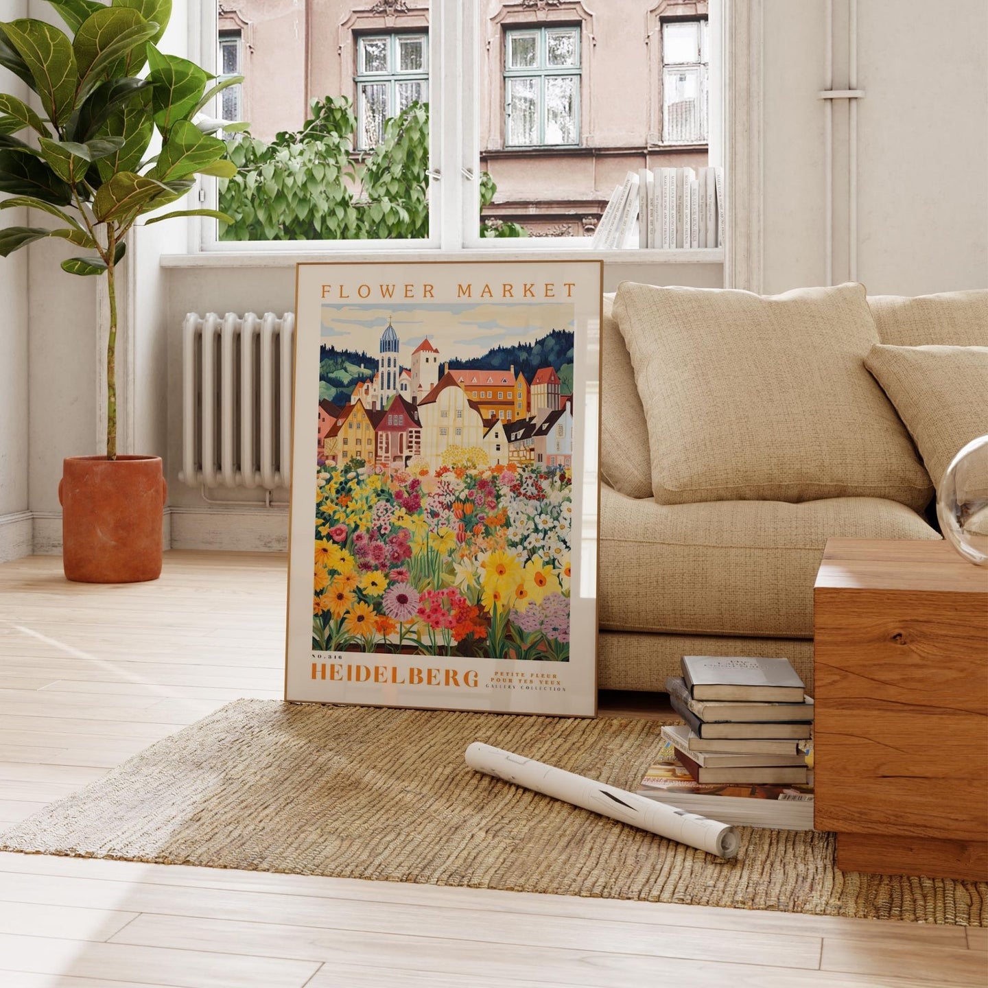 a living room filled with furniture and a painting