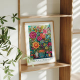 a picture of a vase of flowers on a shelf