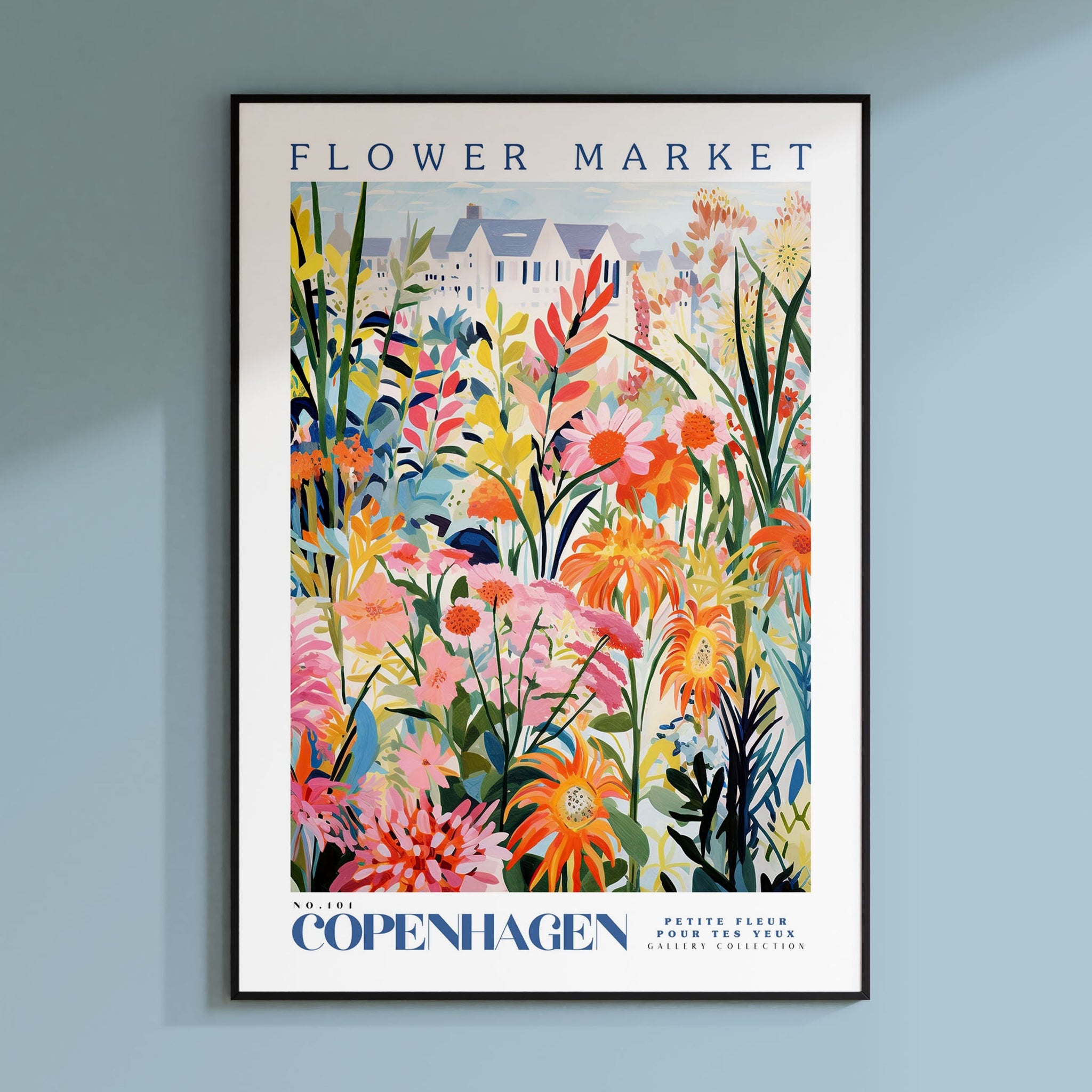 a flower market poster hanging on a wall