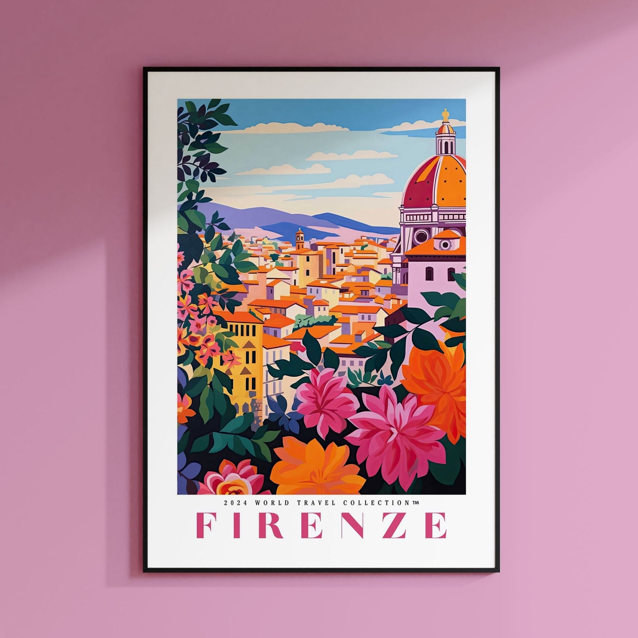 a pink wall with a picture of a city