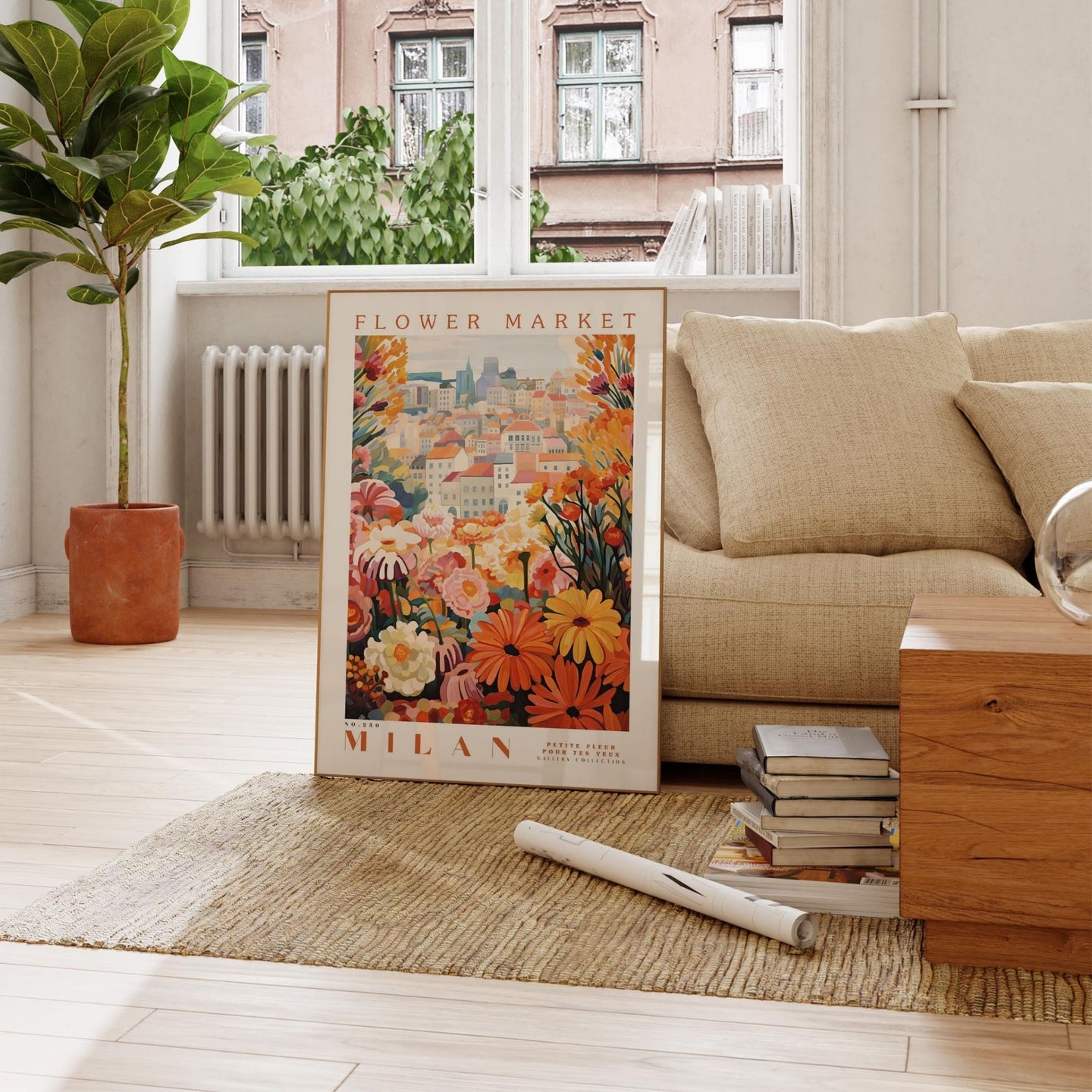 a living room with a couch and a poster on the floor