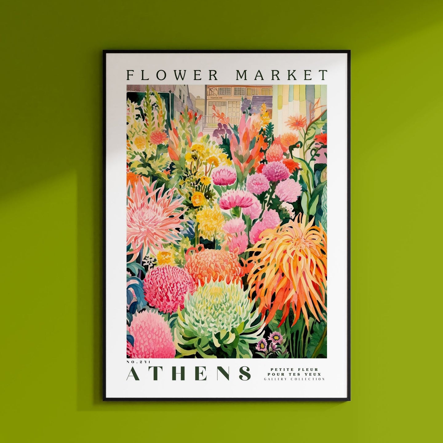 a green wall with a picture of flowers on it