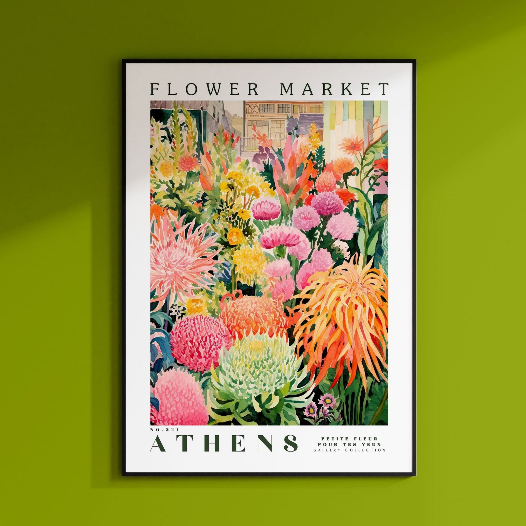 a green wall with a picture of flowers on it