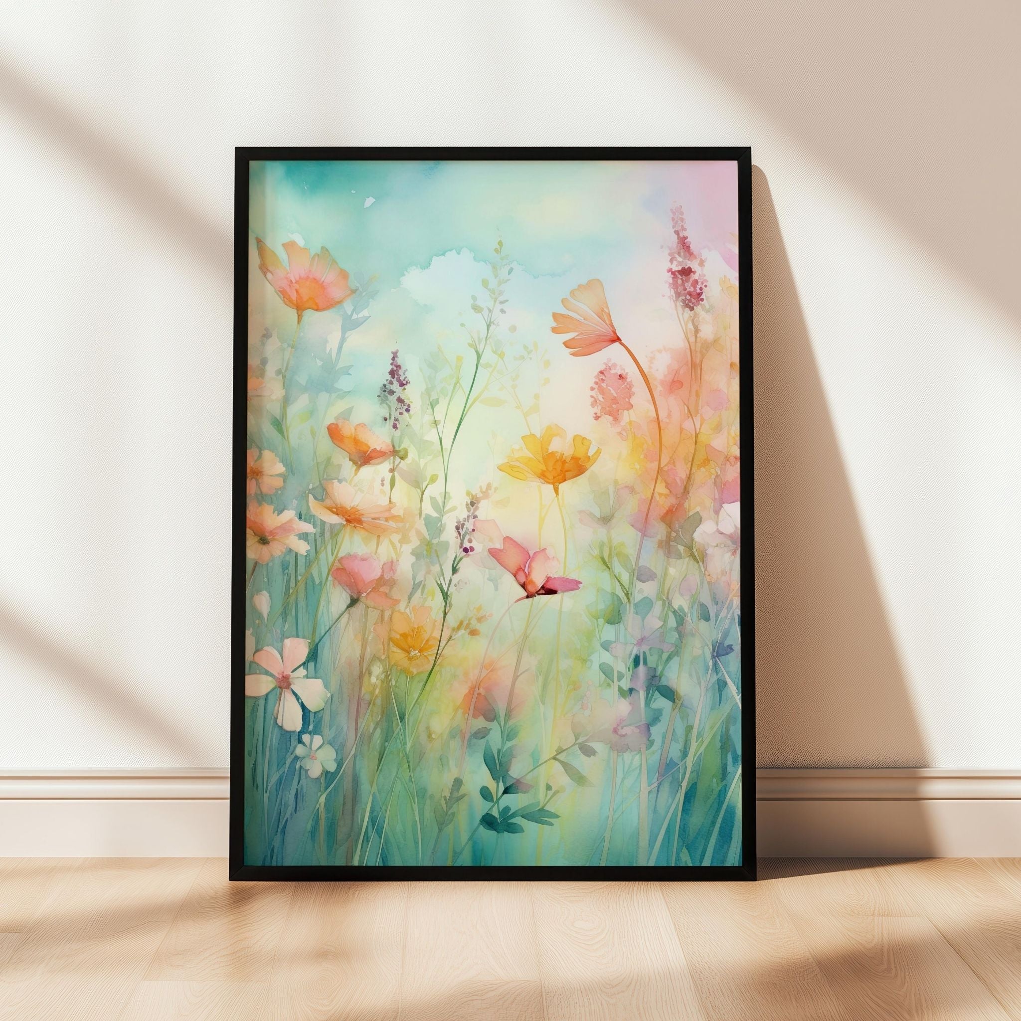 a painting of flowers on a wall in a room