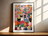 The Pink Gang, Cat Wall Art, Pink and Orange Wall Art, Black Cat Poster, Cute Animal Poster, Nursery Cats Decor, Floral Illustration
