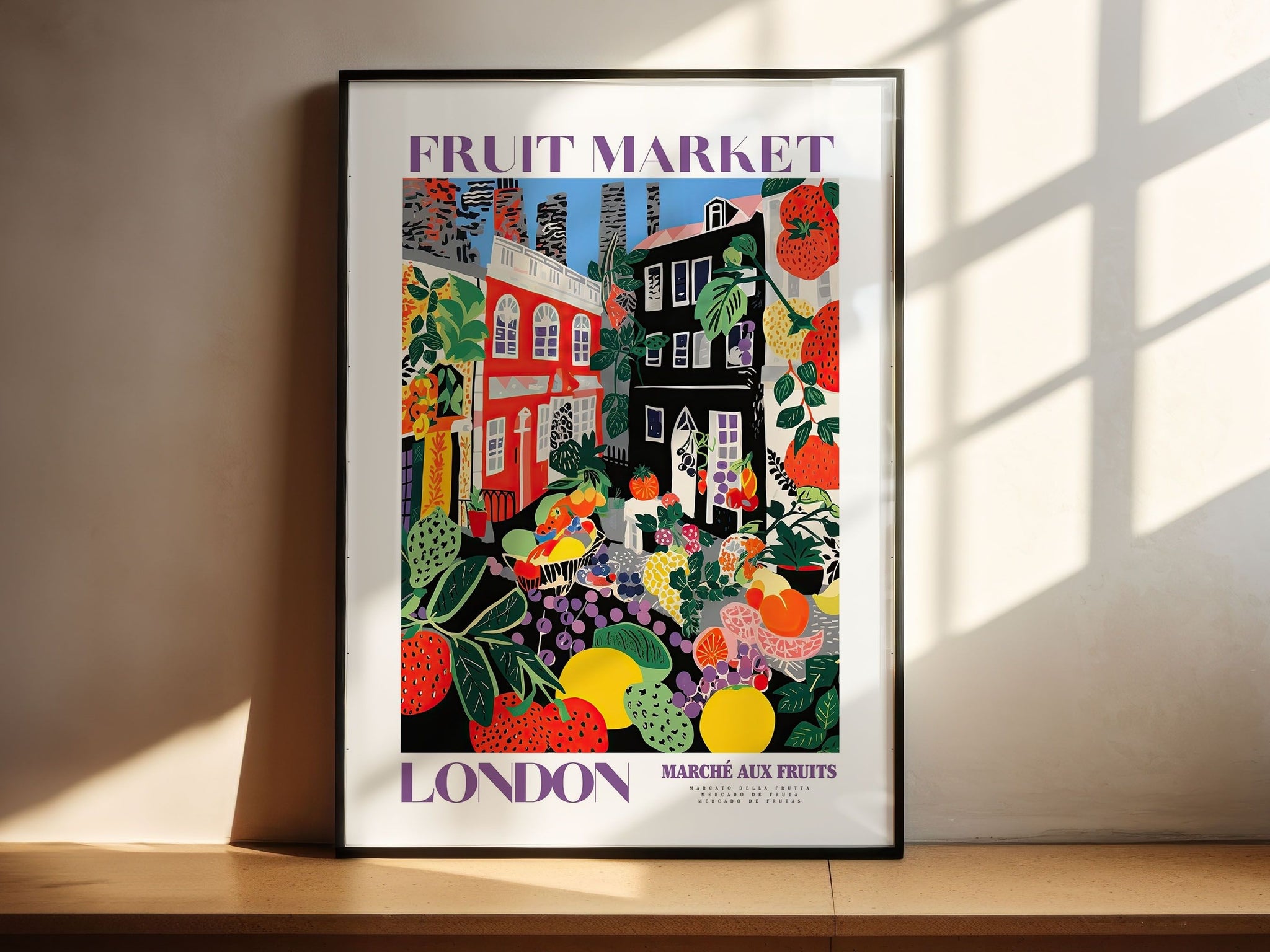Fruit Market London, London Travel Art, Purple Wall Decor, Fruit Market Print, Fruit Market Poster, London City Art, Colorful Wall Art