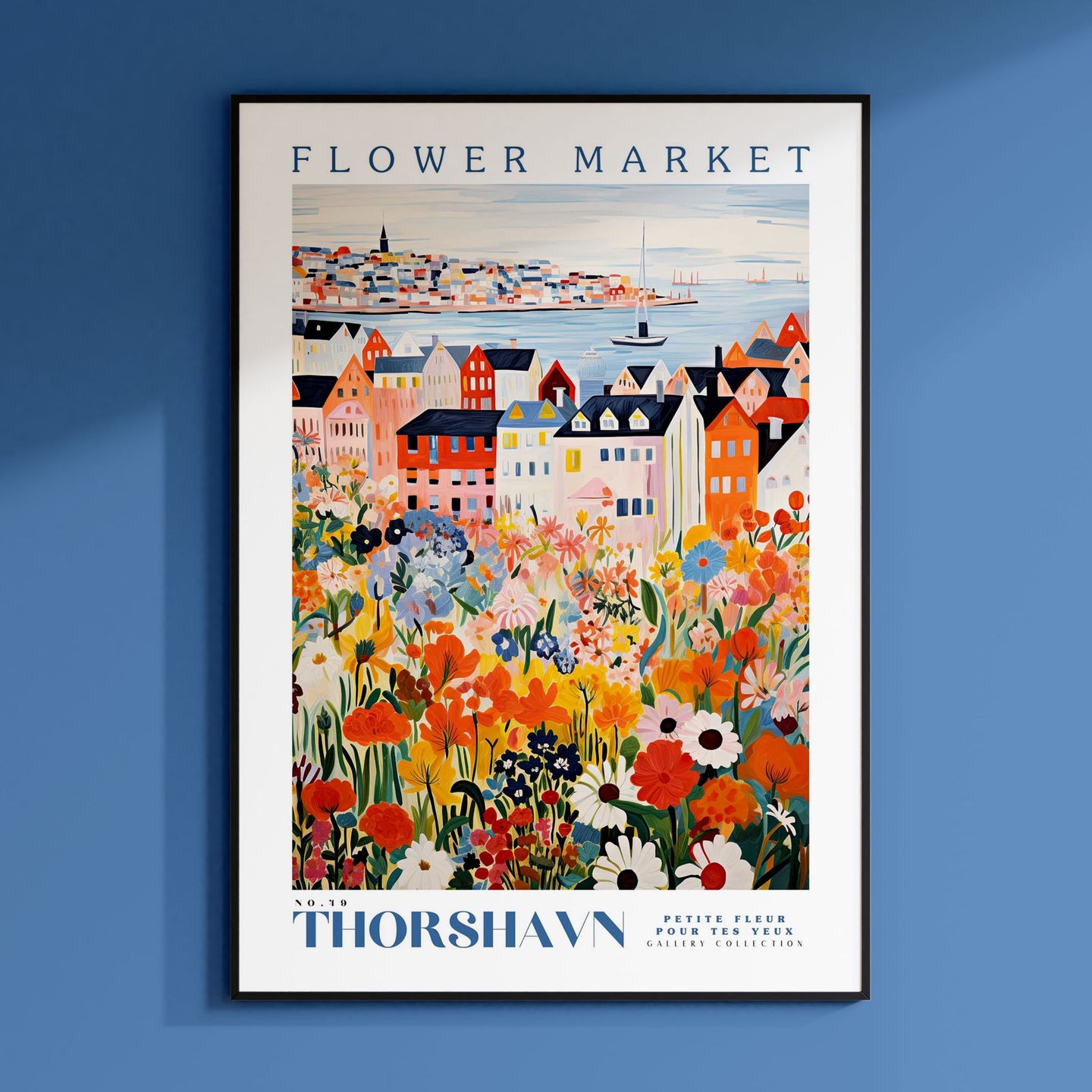 a picture of a flower market on a blue wall